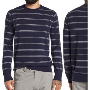 THEORY Riland Striped Wool Blend Pullover Sweater in Navy/Grey Size M
